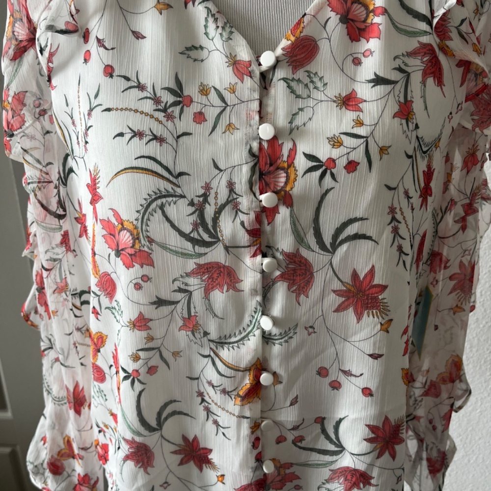 CeCe Floral Sheer Blouse White Long Sleeve Small - Picture 4 of 6